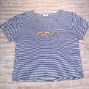 John Galt California white and blue striped cropped tee with embroidered poppies